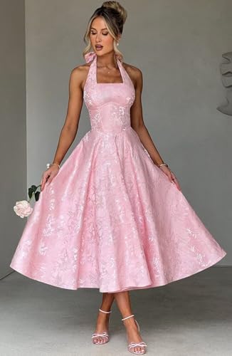 Changuan Halter Satin Prom Dresse for Women 2025 Jacquard Midi Aline Formal Evening Party Ball Gowns with Pockets3