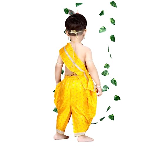 Image of ITSMYCOSTUME Krishna Dress for Baby Boy Kids Set of 10(Dhoti,Hip Cover,Patka,Mukut,Morpankh,Bansuri,Kamarband,Bajuband,Kundal) Little Krishna Ji Kanha Janmasthmi Costume