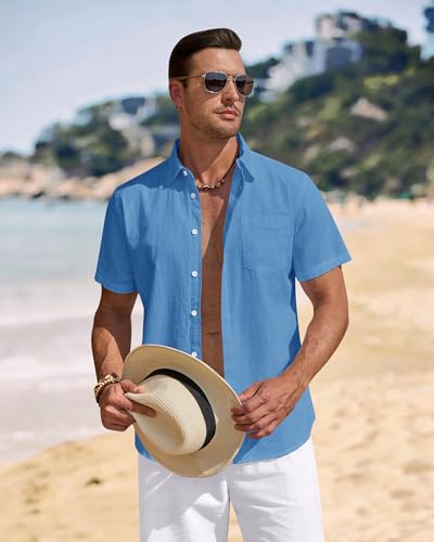Image of J.VER Mens Linen Shirt Short Sleeve Button Down Casual Summer Shirts | Cotton Linen, Untucked, Big Tall, from Beach Camp Vacation, Cruise Fishing, Work Office, to Wedding Party Family, with Pocket