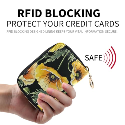 Funny Wallet for Women Small Credit Card Protector RFID Blocking Cartoon Yellow Flower Black Zipper Coin Purse with Key Ring2