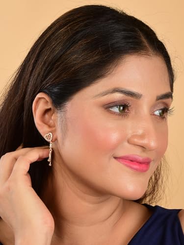 Image of Nilus Collection Rose Gold Plated Heart Design Dangling Earrings with American Diamond Stones For Women And Girls | Gift For Her | Rose gold wedding gift |Romantic gift for women