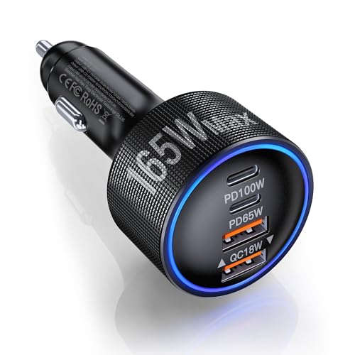 Image of 165W USB-C Car Charger, 4-in-1 Super Fast Charging Cigarette Lighter Adapter, Dual USB-C & USB-A Multi-Port Car Phone Charger Accessory, for iPhone 17 /16 /15, iPad, Galaxy, Tablets and Other Devices