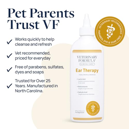 Image of Veterinary Formula Clinical Care Ear Therapy Ear Cleaner for Dogs and Cats, Alcohol Free Pet Ear Cleaning Solution, 2 Pack 8 oz Bottles
