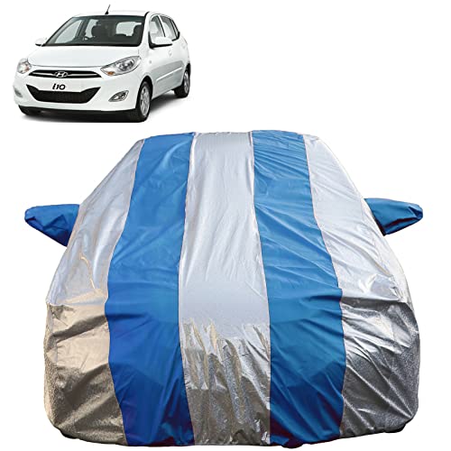 Image of i10 Waterproof Car Cover with Mirror Pockets, Silver /Blue Stripes Design, Non Woven Fabric,Triple Stitched, Compatible with Hyundai i10 Car Cover (2007 to 2017), i10 Car Accessories