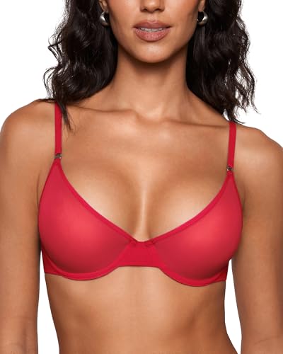INLYRIC Women's Cosnufy Sheer Balconette Bra Demi Unlined Plunge Mesh See Through Sexy Bras Underwire Lipstick Red 34DD