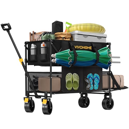 Image of VIVOHOME 400L Large Capacity Double Decker Collapsible Wagon 500lbs Heavy Duty Utility Folding Cart with Big Wheels 53 inch Extended for Camping, Sports