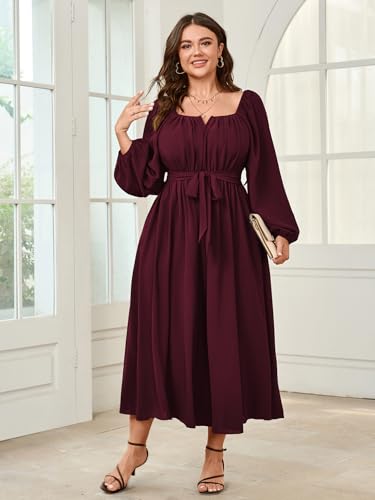 SCOMCHIC Women Plus Size Maxi Dress Long Sleeve Square Neck Wedding Guest Cocktail Belted Elegant Flowy A Line Long Dresses2