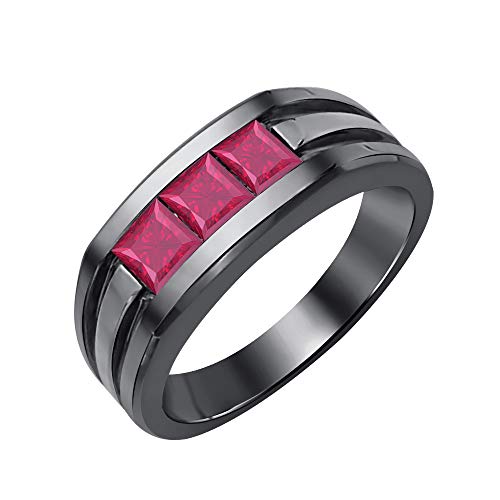 Princess Cut Three Stone Ruby 14K Black Gold Over .925 Sterling Silver Engagement Wedding Band Ring for Men's