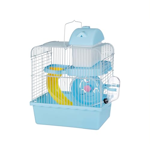 Image of Amazon Basics Hamster, Gerbil, Guinea Pig Cage and Playhouse | Blue | Spacious Plastic Cage for Small Pets | 2 Level | Double Story with Slide, Exercise Wheel and Feeding Bottle | LxWxH-27x 17x 31 Cm