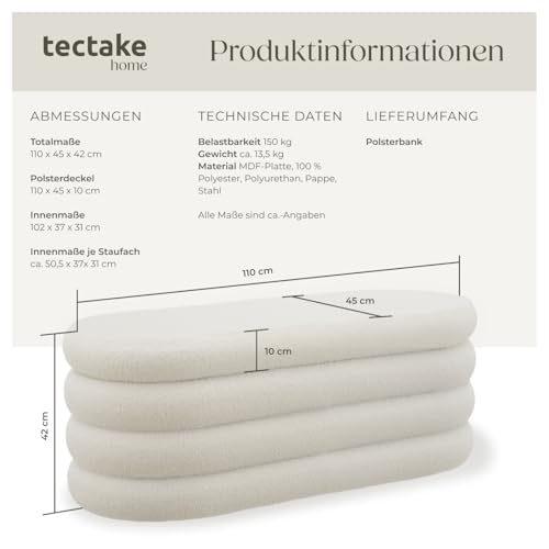 tectake® Sitzbank mit Stauraum, Sitzhocker, Hocker mit Stauraum, Stoff, Pouf, Polsterhocker, Sitztruhe, Truhe mit Deckel, Truhenbank mit Stauraum, Möbel für Wohnzimmer, 110x45x42cm - Bouclé créme-weiß