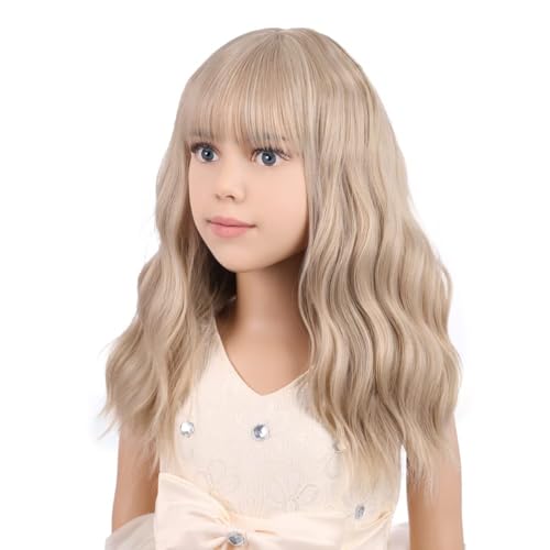 Image of PATTNIUM Blonde Wig Short for Kids Girls Wavy Wig with Bangs Child Flaxen Blonde Wigs Synthetic Cosplay Halloween Party Costume Wigs (Flaxen Blonde)