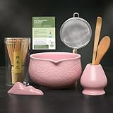 EDELHAUS Matcha Set (7 Teilig) Matcha Schale mit Besen, Sieb, Löffel - Einzigartiges Design Ceremonial Grade Matcha Tee Set (Rosa)
