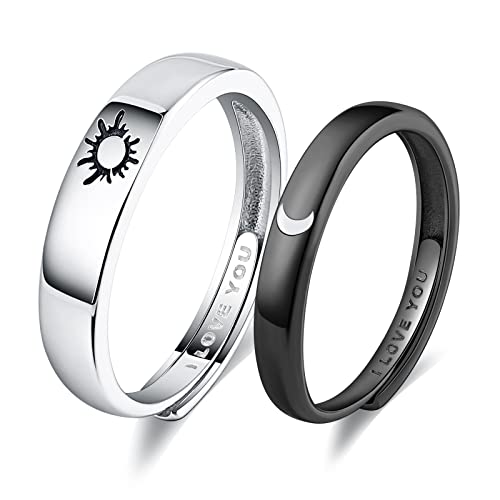 Image of Beydodo 925 Silver Rings Custom Adjustable Sun and Moon Matching Rings Engraved I Love You Couples Rings Wedding