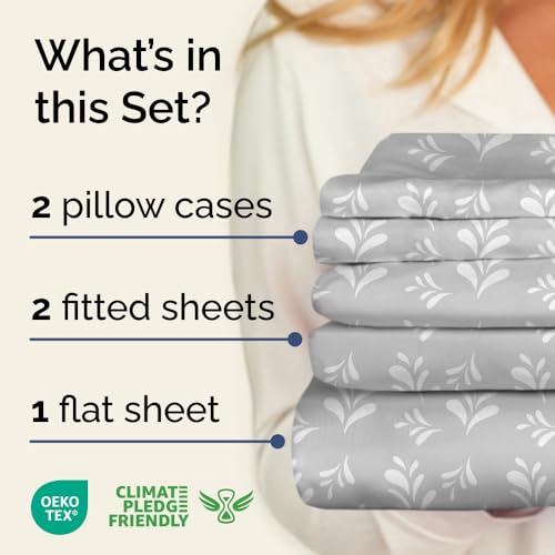 Image of Split King 5 Piece Floral Sheet Set - Breathable & Cooling - Gray Sprig