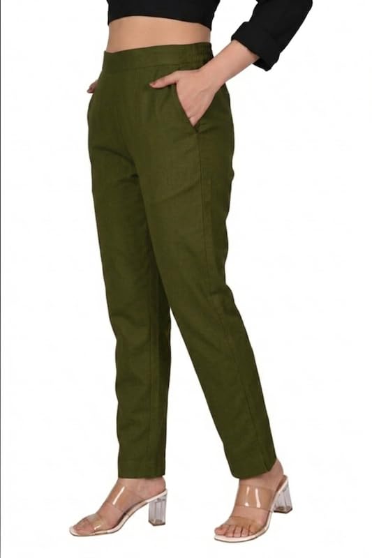 Image of Solid Cotton Woman Trousers Pants Regular Fit Kurti Pant with Drawstring Daily Office Formal Casual Use