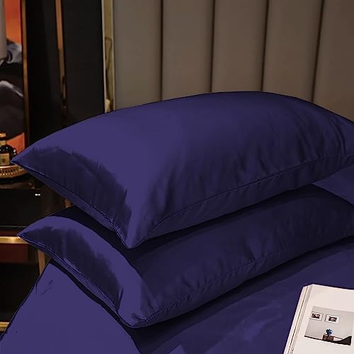 Image of Soft and Silk Satin Bedsheet for Single Bed - 400 TC Romantic Bedsheet Set for Bedroom | Bridal Wedding Bedsheet with Pillow Cover | Ideal for Gifting Navy Blue, Single Bed