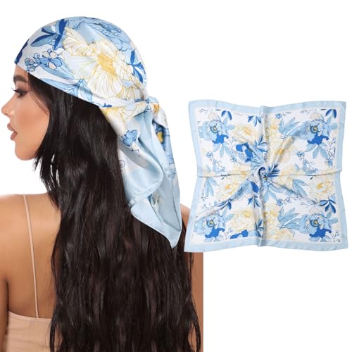 AWAYTR 27.5 Square Satin Head Scarf Hair Scarf for Womens Hair Silk Bandana for Women Silk Head Wrap for Sleeping (Flower (Light Blue))