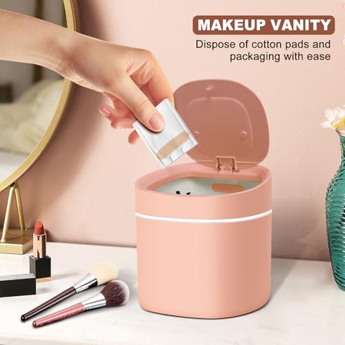 Image of Soddeph Plastic Mini Trash Can with Lid,Small Desktop Waste Bin for Bathroom, Office, or Kitchen,Pop-Up Countertop Wastebasket for Counter, Vanity, or Coffee Table (Pink)