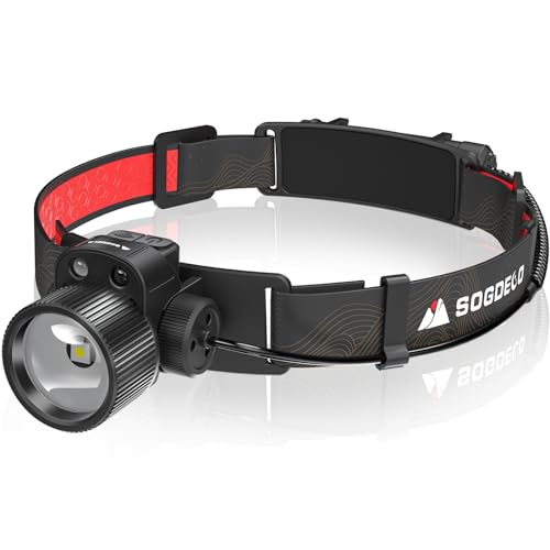 Sogdeco Head Torch Rechargeable 5000LM Super Bright 20Hrs LED Head Torch Waterproof, 5 Light Modes with Sensor Control Headtorch, HeadLamp with Red Light for Camping Running Fishing Hiking
