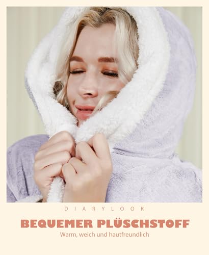 DiaryLook Langer Bademantel Damen flauschig mit Kapuze und Taschen – Kuscheliger Hausmantel für Sauna, Bad & Zuhause Schimmer Lila XL