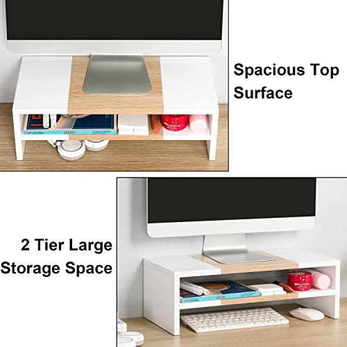 Image of TEAMIX 2 Tiers Desktop Monitor Stand Riser 20 Inch Printer Stand with Storage Small TV Riser Laptop Wooden Desk Organizer Shelf Bookshelf Maple (White+Maple, 2 Tiers) | Laptop /PC /Printer /Keyboard Storage, Ergonomic Design, 15mm thick Sturdy Wood Boards, TV Stand, Home Office Desk Accessories