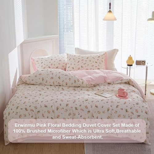 Image of Floral Duvet Cover Set King Size,Pink Floral Flowers Bedding Duvet Cover King with Zipper Closure,Reversible Comforter Duvet Cover and 2 Pillowcases