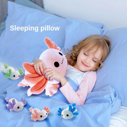 Image of Axolotl Plush，Cute Axolotl Mommy Stuffed Animal with 4 Baby Axolotl Plushies in Tummy，Kawaii Axolotl Plush Toy Gift for Kids Girls Boys