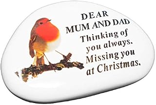 Mum & Dad Christmas Robin Memorial White Plaque Resin Stone Memento Tribute
