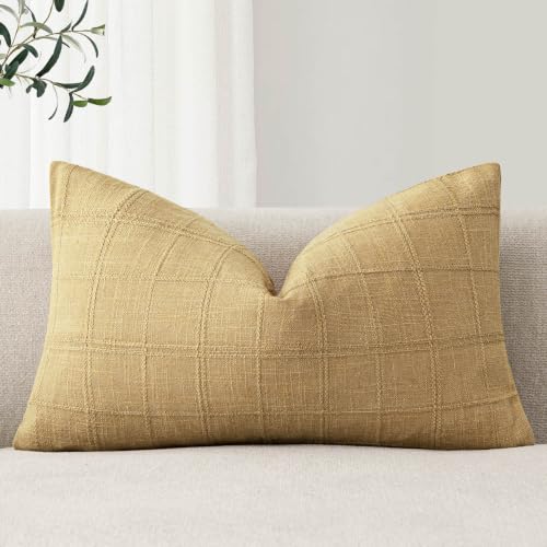 Image of Foindtower Set of 1 Decorative Linen Check Throw Pillow Cover Neutral Farmhouse Lumbar Cushion Cover Modern Boho Accent Home Decor for Sofa Chair Couch Bedroom Living Room,12x20 Inch,Amber Gold