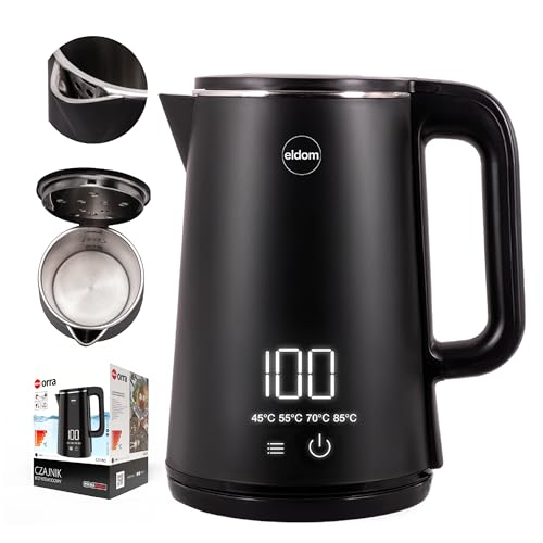 KABELLOSER ELEKTRISCHER WASSERKESSEL C5015C Eldom, 5 voreingestellte Programme, Kunststoff + Edelstahl, Fassungsvermögen 1,8 l, LED-Display, 360°-Sockel