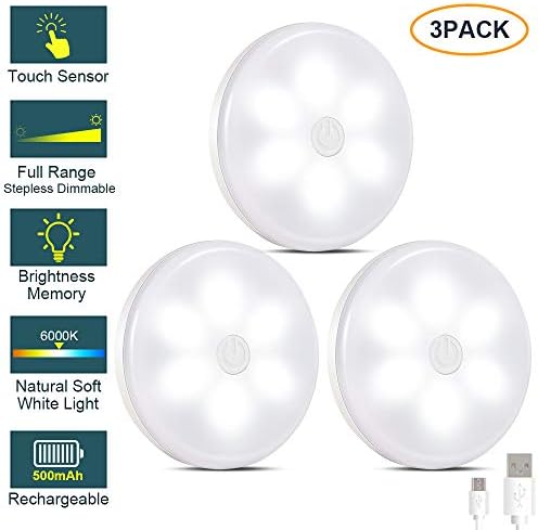 LUNSY Puck Lights Rechargeable, LED Under Cabinet Lighting, Wireless Closet Lights,Touch Dimmable Night Light for Kitchen, Bedroom, Stairs, Bar - 3 Pack