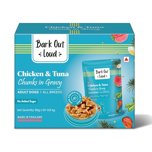 Image of Bark Out Loud Wet Dog Food Chunks | Chicken & Tuna Gravy Food for Adult Dogs | Grain-Free, Pea Protein with Omega Fatty Acids | Healthy & Tasty Meal for Dogs | 85 g (Pack of 12)