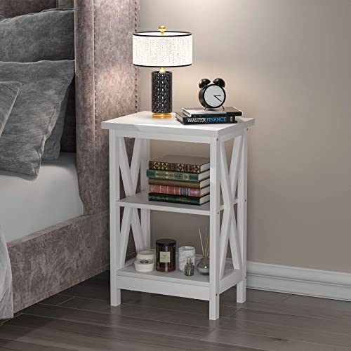 Vecelo Nightstand Sofa Side Table With 3-Tier Storage Shelf For Living Room, Bedroom, Stable Steel Frame, Easy Assembly, End 2 Set, White #TOP3