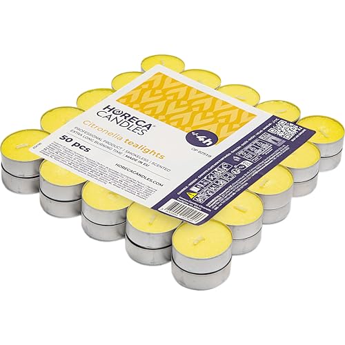 Horeca Candles - Candele Tealight alla Citronella - Set da 50 Candele Profumate - Durata di Combustione 4 Ore - Lumini da Esterno, Balcone, Picnic, Campeggio