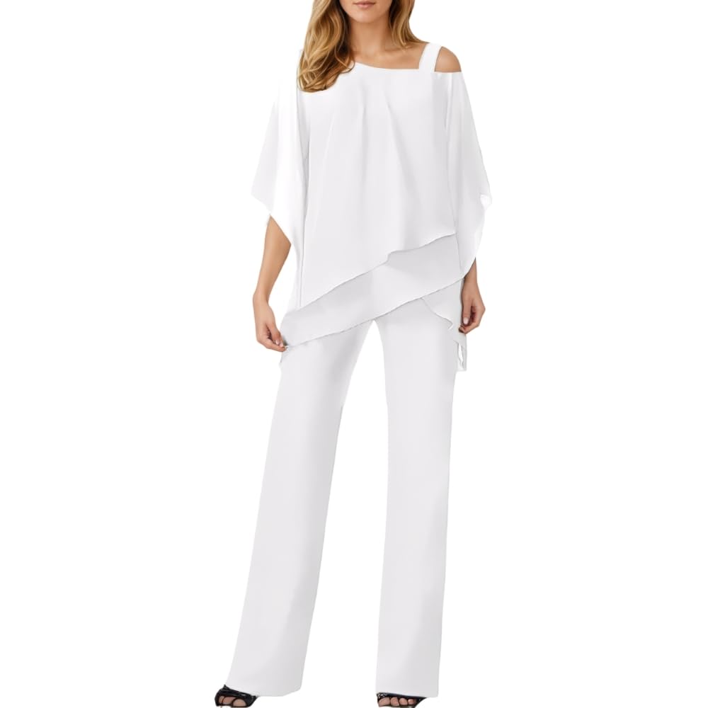 Akivide Womens Casual 2 Piece Outfits Dressy Pant Suits for a Wedding 2025 Fall Trendy Irregular Chiffon Wide