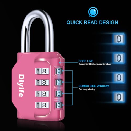 Image of 4 Digit Combination Padlock, Diyife Weatherproof Outdoor Password Padlock | Resettable Combination Lock, High Security for School Gym Sports Lockers, Tool Boxes, Basement (4 Pack, Pink)