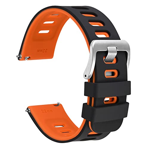 WOCCI 22mm Bicolore Bracelet Montre, Caoutchouc Silicone, Libération Rapide, Bande de Remplacement pour Hommes et Femmes, Boucle Argent (Noir-Orange)
