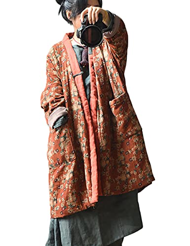 NFYM Women Vintage Print Floral Parkas Cotton Linen Hippie Coats Button V-Neck Warm Quilted Long Jackets