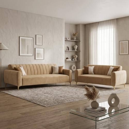 Image of Habibi Rich Velvet Suede 3+2 Seater Sofa Set | Spacious Soft Touch Comfort Seating | 5 Person Seating | Modern Living Room Sofa Set (Beige)