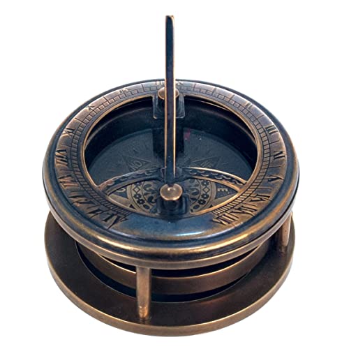 Reloj Solar Decorativo Retro de Latón con Brujula y Lupa. Adornos. Regalos Originales. Orientación y Senderismo. Decoración Marinera. 7 x 7 x 8 cm.