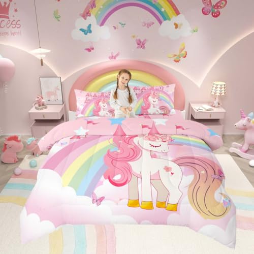 Image of Erosebridal Girls Unicorn Bedding Set King Rainbow Princess Pink Unicorn Comforter Set Teens Kids Kawaii Cute Castle Stars Reversible Bed Sets Cartoon Horse Duvet Set Fantasy Girls Room Decor