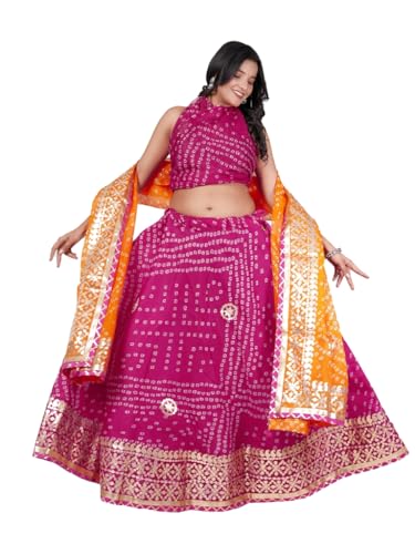 Image of Traditional Ethnic Kota Doria Bandhani Lehenga Choli Set for Wedding and Ethnic FestivalEmbroidered Gota Patti Border Readymade Lehenga Chunni Set with Running Blouse