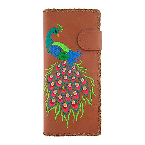 Divine Peacock Peacock Feather Embroidery Vegan Large Flat Wallet (Brown)