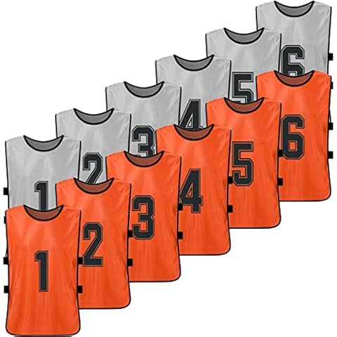 LIANZHU 12 PCS Adults Soccer Pinnies 2 Colors Quick Drying Football Team Jerseys Youth Sports Scrimmage Soccer Team Training Numbered Bibs Practice Sports Vest, Grey & Orange, M Cover