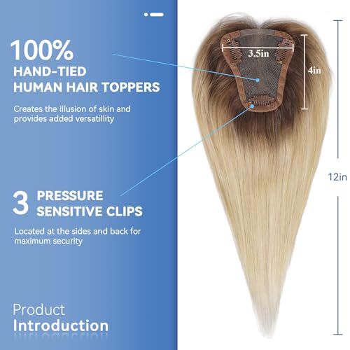 EMMOR Hair Topper for Women 100% Remy Human Hair, 12 inch Ombre Light Blonde, 3.5in×4in Hand-Tied, 120% Density, 24 cm - Image 2