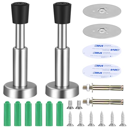 2 Pcs Wall Mounted Door Stops, Stainless Steel Rubber Door Stoppers for Skirtings, Self Adhesive or Screw Mounted Heavy Duty Hydraulic Doorstops, Sound Dampening Bumper Door Stoppers for Walls