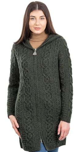 Image of SAOL 100% Merino Wool Aran Irish Cardigan for Women with Pockets, Hood and Celtic Zipper