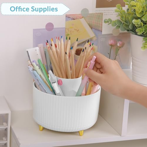 Image of SKYDUE 360 Degree Rotating Desk Organizer, Dual-Purpose Pencil Pen Holder for Desk, Rotating Desk Pen Organizer with 5 Slots, Pencil Cup for Office, School, Home (White)