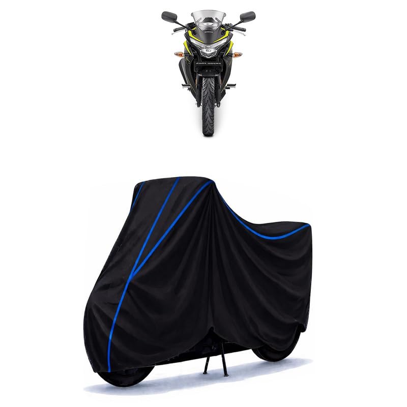 Image of CBR 250 Bike Cover Water Resistant Universal Motorcycle Rain | Heavy Duty UV Protection, Dust, Scratch Indoor Outdoor All Weather with Black Blue Piping Elastic