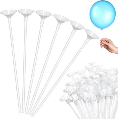 Alethron Lot de 20 tiges de ballons, 32 cm, blanc, avec support en plastique, réutilisables, pour mariage, anniversaire, vacances, décoration de fête
